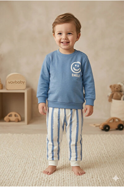 VaVbaby طقم بيبي بوي سمايل مطبوع باللون الأزرق الداكن من الأسفل والعلوي باللو...