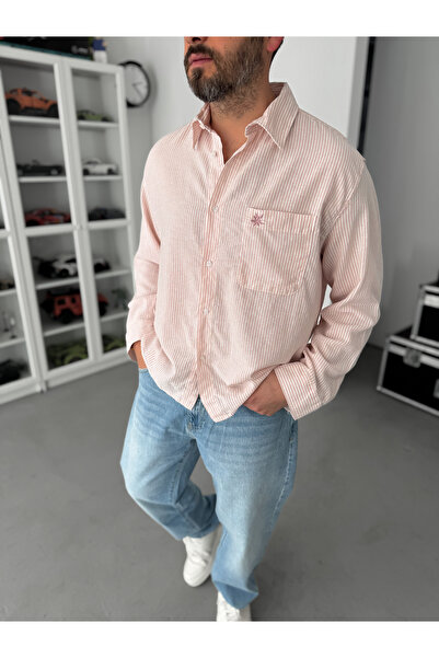 BYBASICMAN Cămașă roz cu broderie florală cu dungi JJ-135
