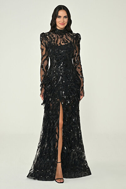 ALFABETA فستان طويل الأكمام مزوّد بحشوات أكتاف بترتر أمامي شق ألفا بيتا