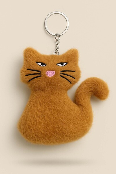 E MODA Breloc și ornament pentru geantă cu pisică de pluș cu față brodată