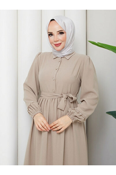 ESLEMNUR Elbise || Dantel Detaylı || Kuşaklı || Gömlek Yaka || VOLANLI