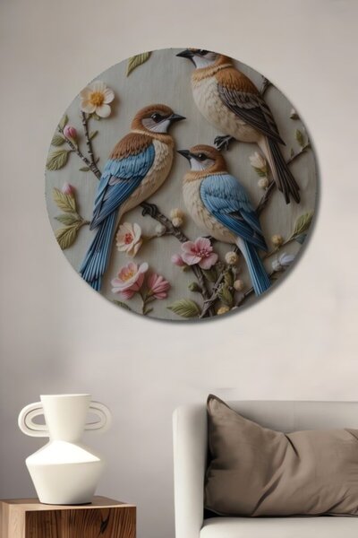 Teona Ahşap Yuvarlak Doğal Kuş Ve Çiçekler Yağlı Boya Görünümlü Ahşap Dekorat...