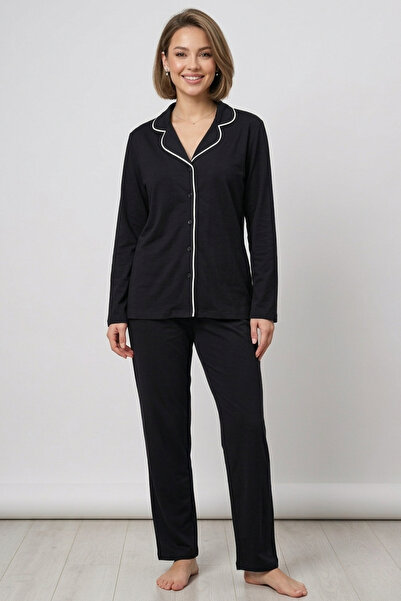 İPEKTENİM Beyaz Biye Detaylı Düğmeli Uzun Kol Gömlek Pijama Takımı