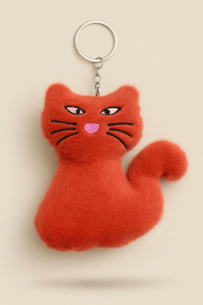 E MODA Breloc și ornament pentru geantă de pisică de pluș de culoare roșu viu