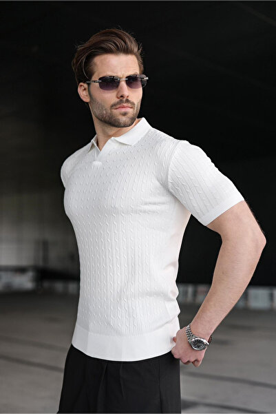 Madmext White Slim Fit Polo Collar Knitwear Men's T-Shirt E7472