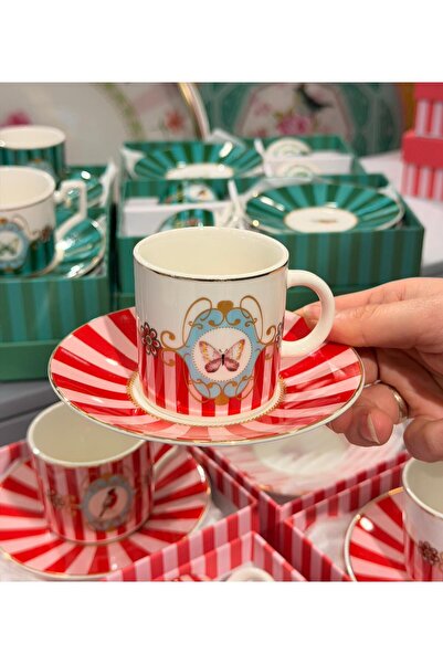 Onedekor 2-Person Porcelain Serina Kelebek Red Coffee Cup