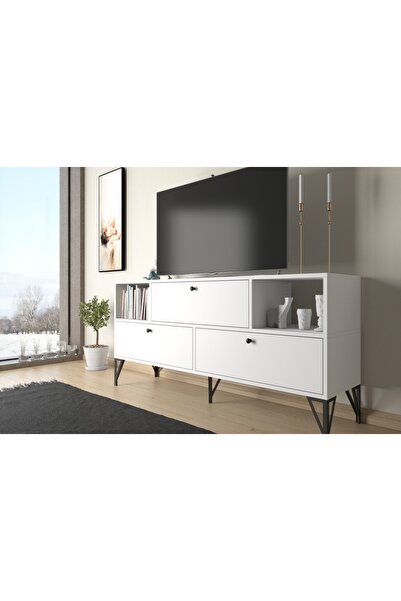 Vivense Wood'N Love Mia Tv Ünitesi, Metal Ayaklı, Beyaz Siyah, 160 Cm