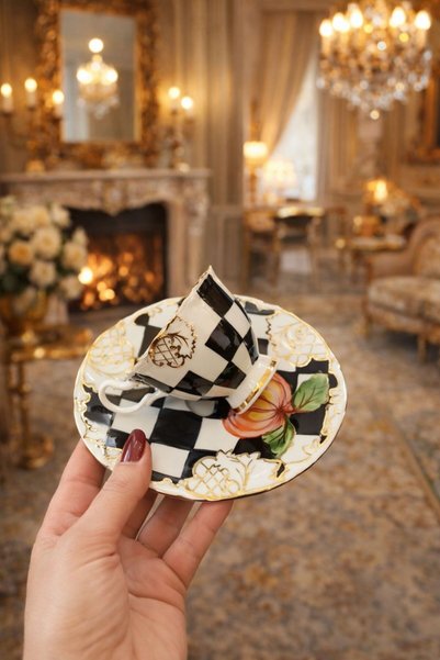 BY.RAYKA PORSELEN El Dekor Black Dama Single Person Gold Embellished Porcelain Coffee Cup