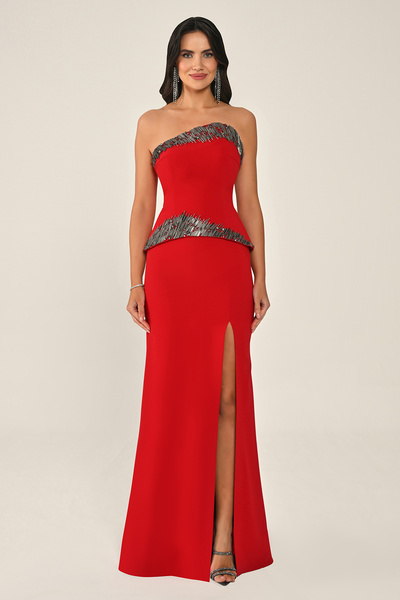ALFABETA Strapless Long Dress with Accessories on Top Slit Alfa Beta