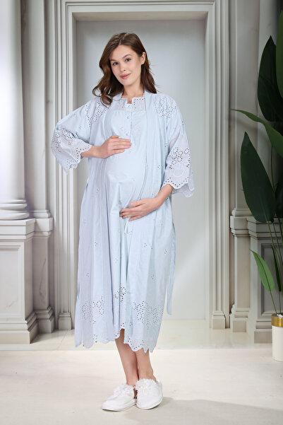 Lohusa Homewear Noul sezon, albastru, pentru gravide, elegant, broderie perfo...