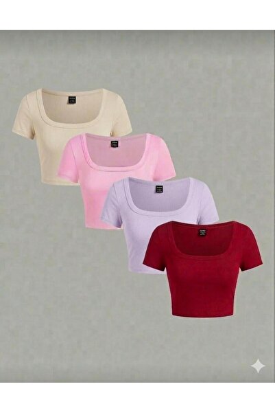 MİLYA&GYM Pachet de 4 tricouri crop din bumbac, cu guler pătrat, mulat pe cor...