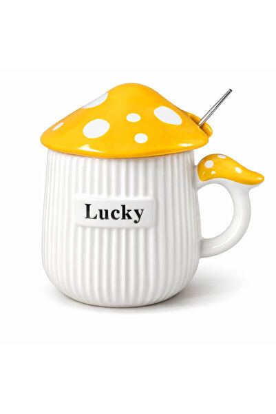 Coverzone Cute Lucky Mushroom Figured Ceramic Mug with Lid 300ml Coffee Cup w...