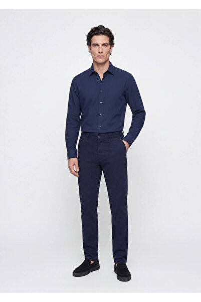 Ramsey Navy Blue Plain Woven Slim Fit Casual Cotton Blended Trousers