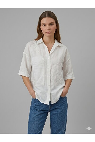 The Bold Brand Kadın Beyaz Gömlek Oversize Kısa Kollu Nakışlı Payet Detaylı