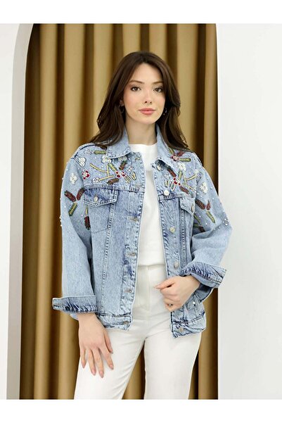 Coral Pearl Embroidered Denim Coat 5896 Blue
