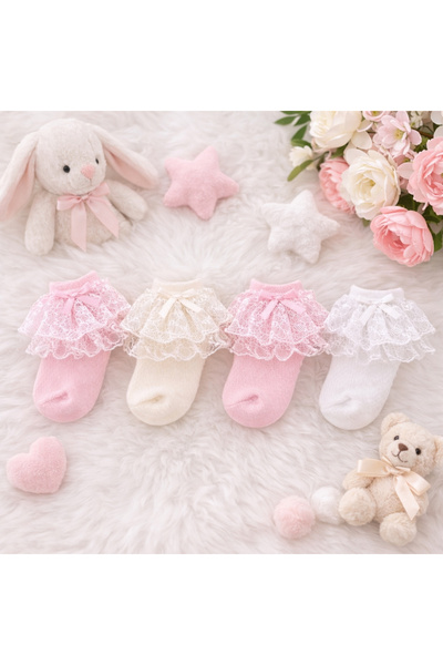 Happy Baby Butik Kız Bebek %100 Pamuk Dantelli Fiyonklu 4'lü Çorap Seti