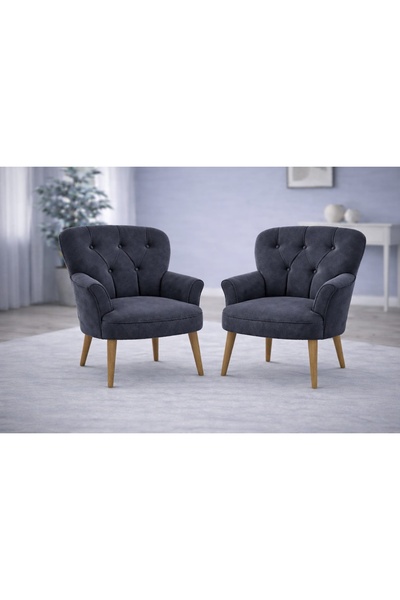 Vivense Pufy Kollu Tekli Berjer, Gri, Ceviz Ayak, 2 Adet