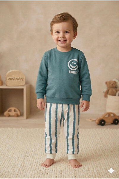 VaVbaby Baby Boy Smile Printed Navy Blue Top and Bottom Set Green