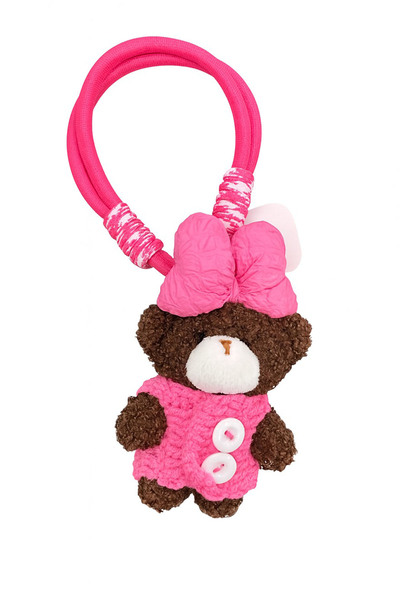 E MODA دب قطبي محشو بفستان محبوك وفيونكة سلسلة مفاتيح وزينة لطيفة حقيبة