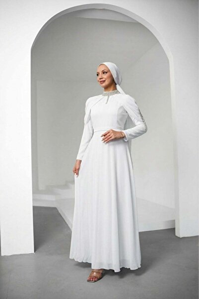 hakimoda Canfes Chiffon Evening Dress White