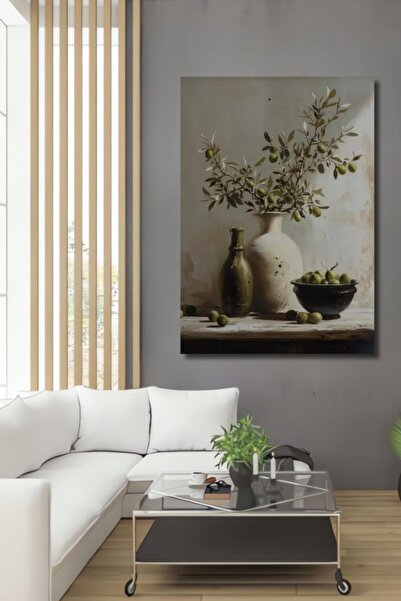 Teona Ahşap Zeytin Dalı Ve Şişe Yağlı Boya Görünümlü Ahşap Dekoratif Tablo Sa...
