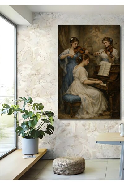 Teona Ahşap Klasik Müzik Ziyafeti Üç Kadın Keman Çalıyor Piyano Çalıyor Yağlı...