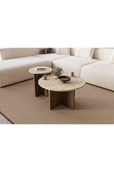 Vivense PRİVATE DEKORATİF CEVİZ MERMER ORTA SEHPA İSKANDİNAV, KREM