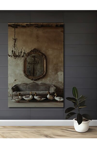 Teona Ahşap Dekoratif Ahşap Tablo Altın Varaka Aynalı Salon Kanepeli Ördek Sü...