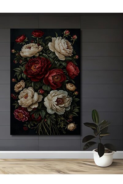 Teona Ahşap Bordo Ve Krem Güllü Yağlı Boya Görünümlü Ahşap Dekoratif Tablo Sa...