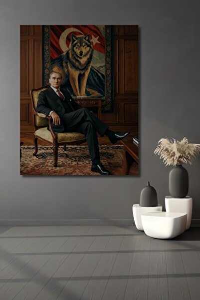 Teona Ahşap Mustafa Kemal Atatürk Kurt Desenli Yağlı Boya Görünümlü Ahşap Dek...