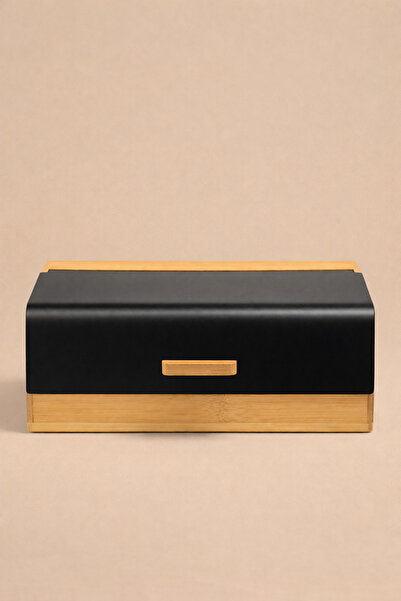 MİS KİTCHEN Black Lid Bamboo Bread Storage Cabinet Metal Lid Bread Box Kitche...
