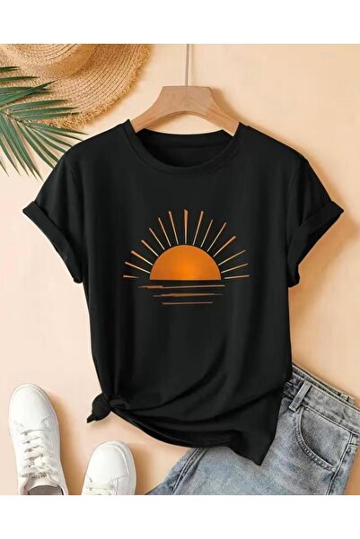Oceanwear Güneş Printed Crew Neck Short Sleeve Plain Women's Tshirt