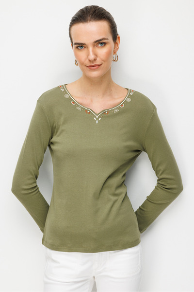 Desen Triko Women's Crew Neck Collar and Sleeves Embroidered P Cotton U Combe...