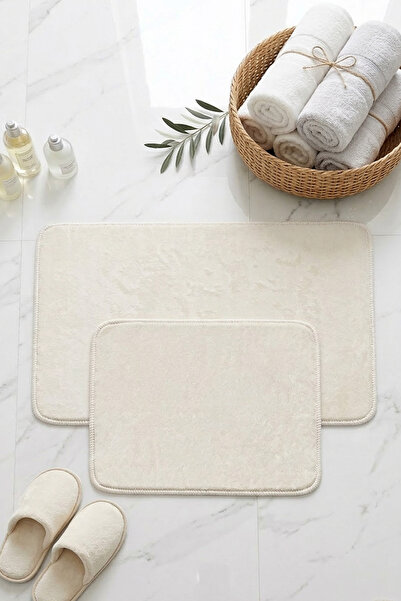 DEKOMOD 2-Piece Plush Bath Mat Rug Toilet Set Cream Non-Slip Sole (60X50-60X90)