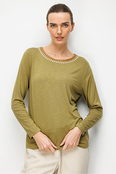 Desen Triko Women's Crew Neck Two-Color Embroidered Stone-Embellished Combed ...