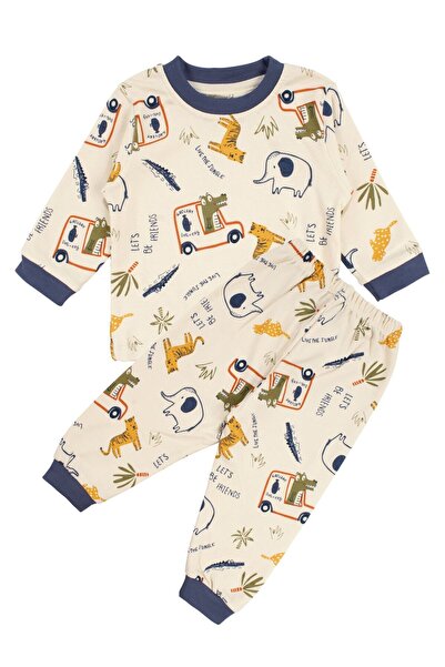 bebegen Baby Boy Beige Laci Piped Animal Patterned Pajama Set