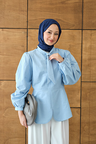 LOCCO Women's Scarf Collar Detail Short Shirt Blue