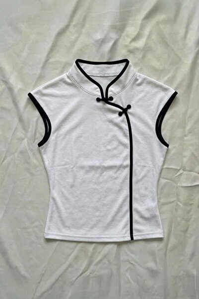 ARS Butik Μπλούζα με κοντό μανίκι σε κινέζικο στυλ με λεπτομέρεια κόμπου σε ρ...