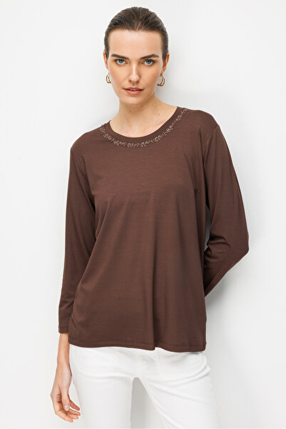 Desen Triko Γυναικεία μπλούζα από χτενισμένο βαμβάκι με κεντημένο γιακά σε σχ...