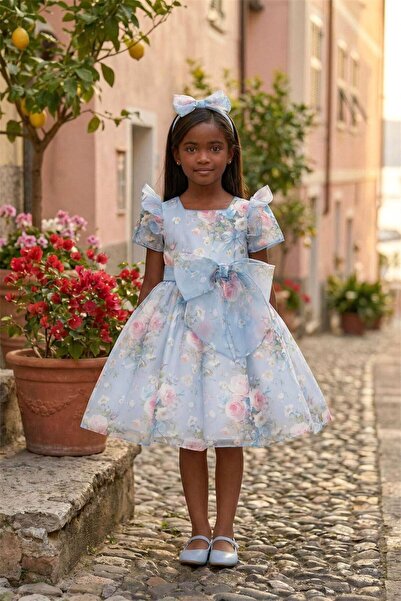 Pamina Kız Çocuk Çiçekli Taç Tokalı Ellbise Mavi 36200