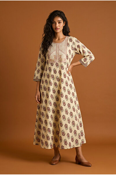 Mabrook Jalabiya 100 % Cotton – Ladies A-Line Maxi - Bordeaux Hand block Prin...