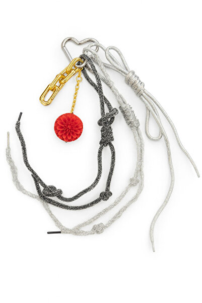 E MODA Modern Bag Ornament & Keychain with Red Carved Flower and Gold Chain