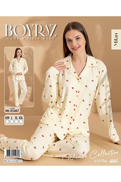BEYAZTOPTAN White Wholesale Women's Patterned Long Sleeve Pajama Set - Cotton...