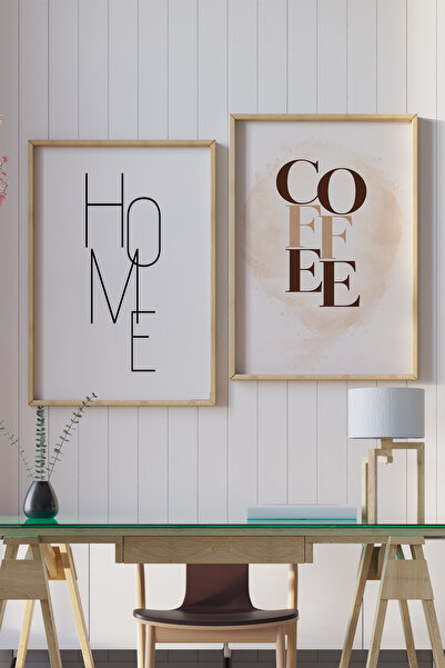 VERONİCA LİNE Modern Home & Coffee Yazılı 2’li Set - Tipografik Tasarım Mutfa...