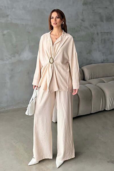 BEJNA طقم نسائي تفاصيل إبزيم بقصة فضفاضة من الأعلى والأسفل