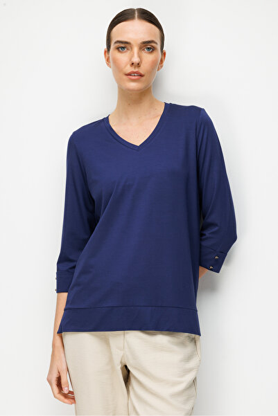 Desen Triko Women's V-Neck Combed Cotton Blouse Navy Blue