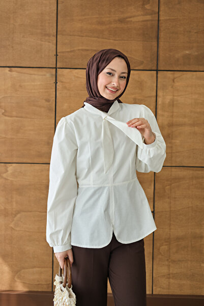 LOCCO Women's Scarf Collar Detail Short Shirt White