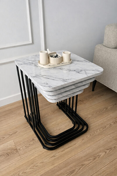 Zigon 4'Lü Tekerli Siyah Metal Mermer Tabla Yan Sehpa