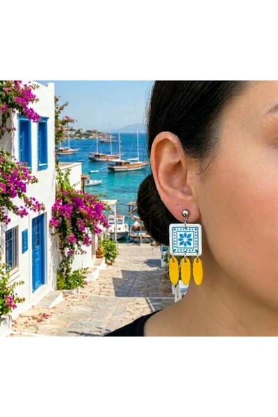 Nacreous Arts BODRUM 1- أقراط من الطين البوليمر مصنوعة يدويًا باللون الأزرق و...