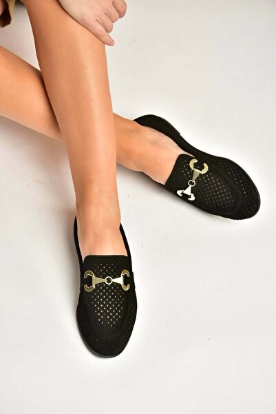 Fox Shoes Y291262402 Negru piele întoarsă detaliu la cataramă Femei balerini